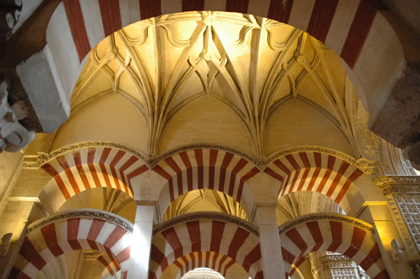 Gothic ceiling ribbing and decoration combined with Moorish arches in Cordoba Mosque - Cathedral
