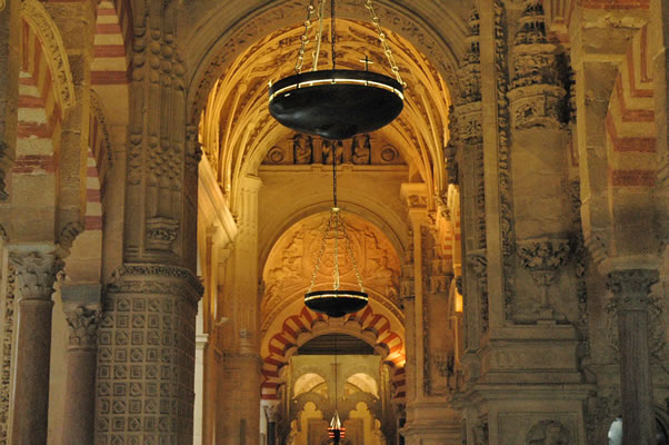A mix of architectural styles in the Cordoba Cathedral's central aisle.