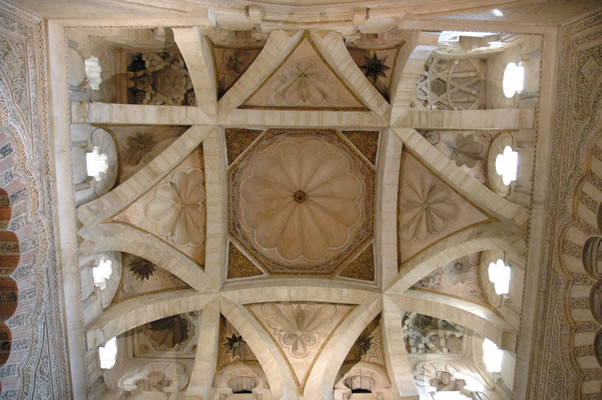 Dome with interlaced ribs and varied geometric decoration above Villaviciosa Chapel in Cordoba Mosque